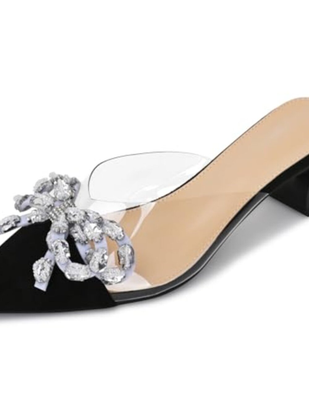 Rhinestone Bow Kitten Heel Mules Closed Pointed Toe Slip On Dress Sandals